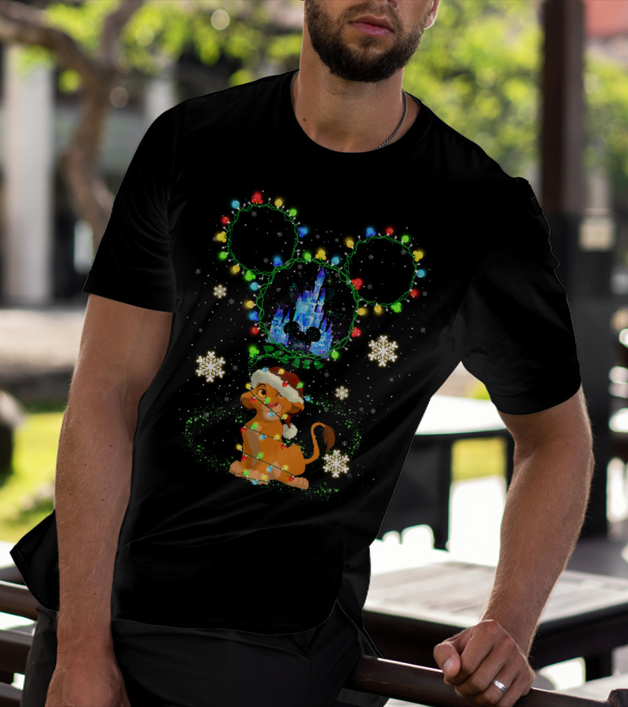 Simba Christmas Disney Castle Mickey Ears Lights Snowflakes T-Shirt