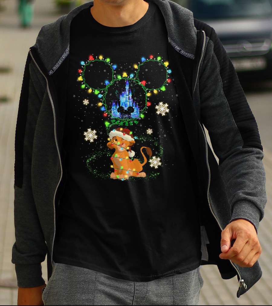 Simba Christmas Disney Castle Mickey Ears Lights Snowflakes T-Shirt