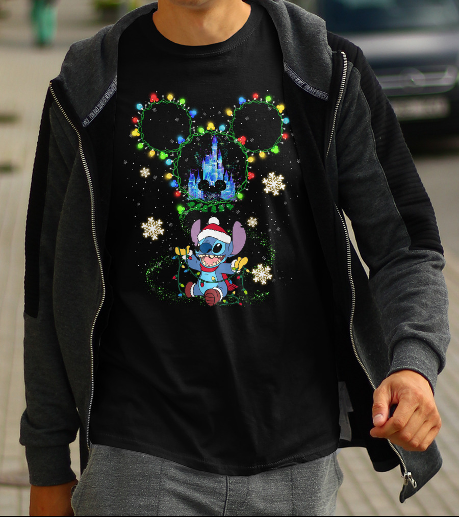 Stitch Christmas Disney Castle Mickey Mouse Ears Holiday Lights Snowflakes T-Shirt