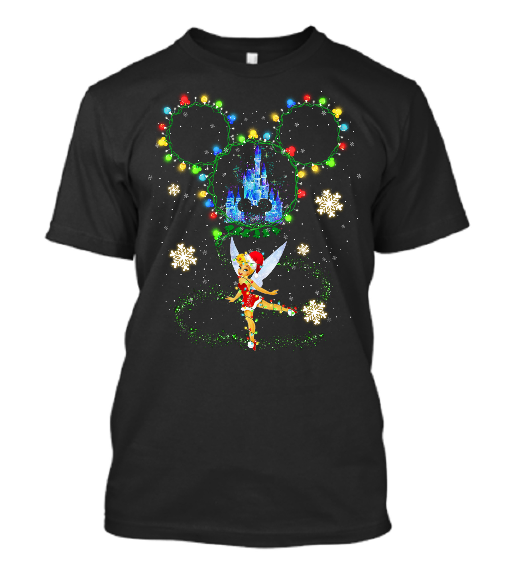 Tinker Bell Christmas Lights Mickey Ears Disney Castle Snowflakes T-Shirt