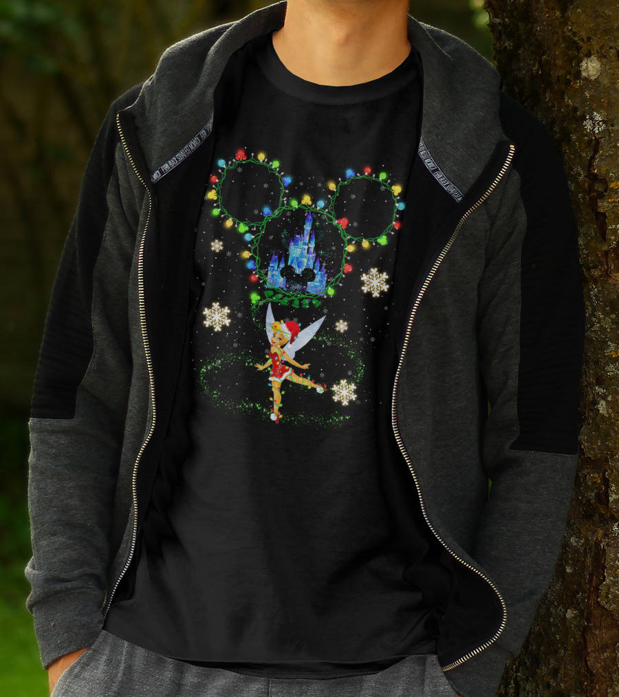 Tinker Bell Christmas Lights Mickey Ears Disney Castle Snowflakes T-Shirt