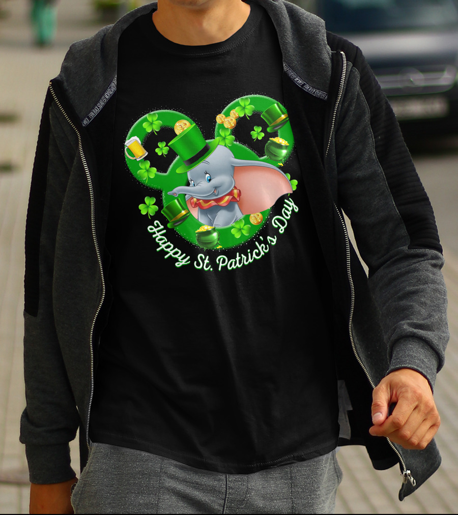 Dumbo Happy St. Patrick's Day With Shamrocks And Leprechaun Hat T-Shirt