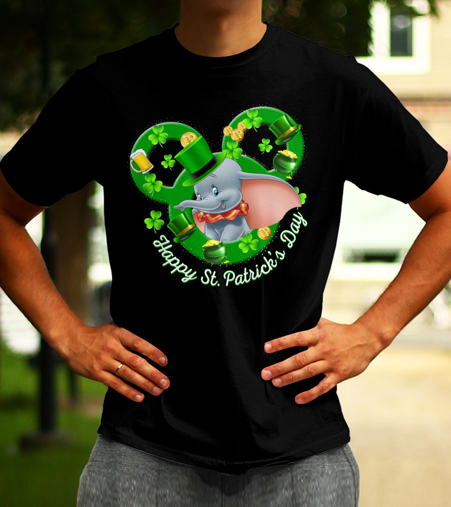 Dumbo Happy St. Patrick's Day With Shamrocks And Leprechaun Hat T-Shirt