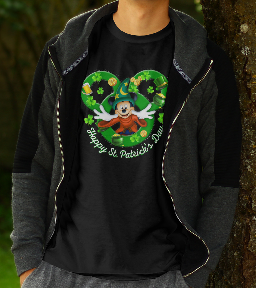 Happy St. Patrick's Day Mickey Fantasia Magic Hat Clover Coins T-Shirt
