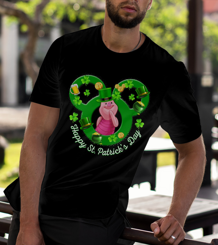 Piglet Happy St. Patrick’s Day Mickey Ears Shamrocks Coins Hat T-Shirt