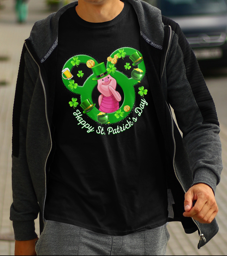 Piglet Happy St. Patrick’s Day Mickey Ears Shamrocks Coins Hat T-Shirt
