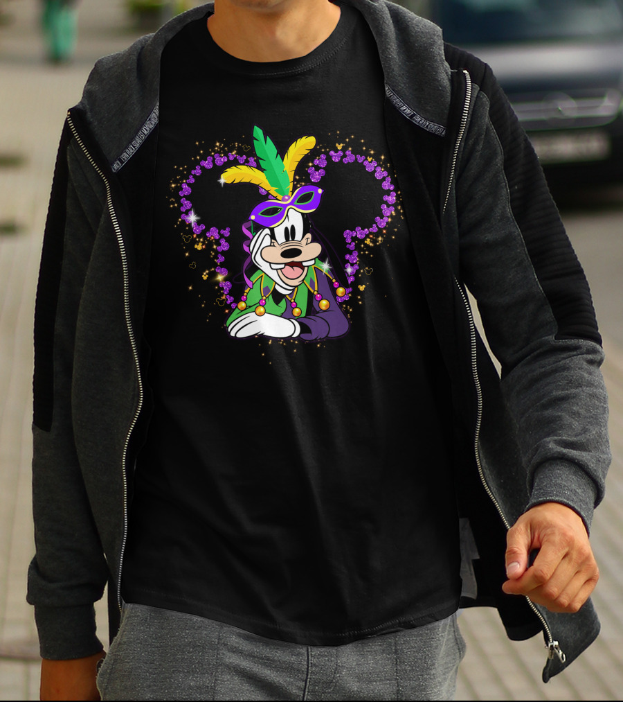 Goofy Mardi Gras Disney Mickey Ears Sparkle Feathers Mask T-Shirt
