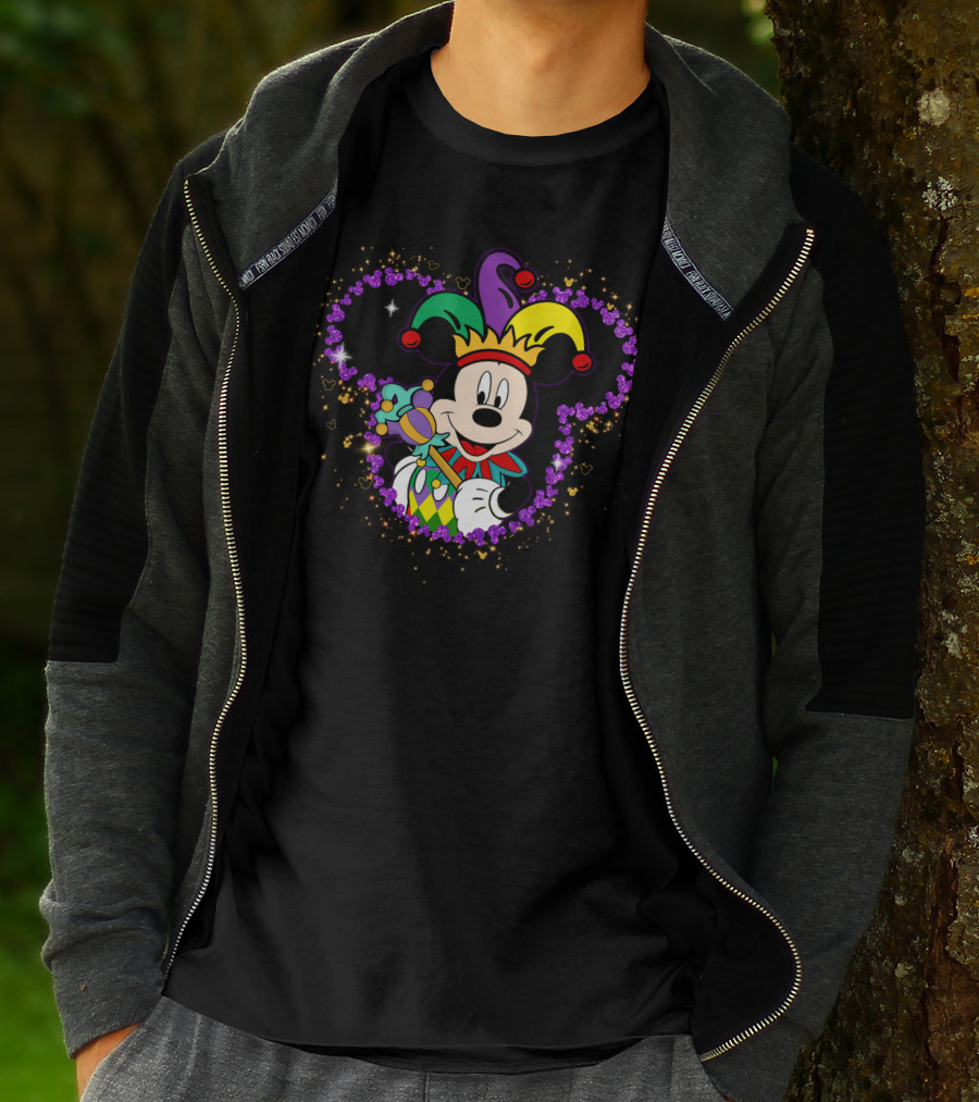 Mickey Mouse Jester Mardi Gras Magic With Crown And Scepter T-Shirt