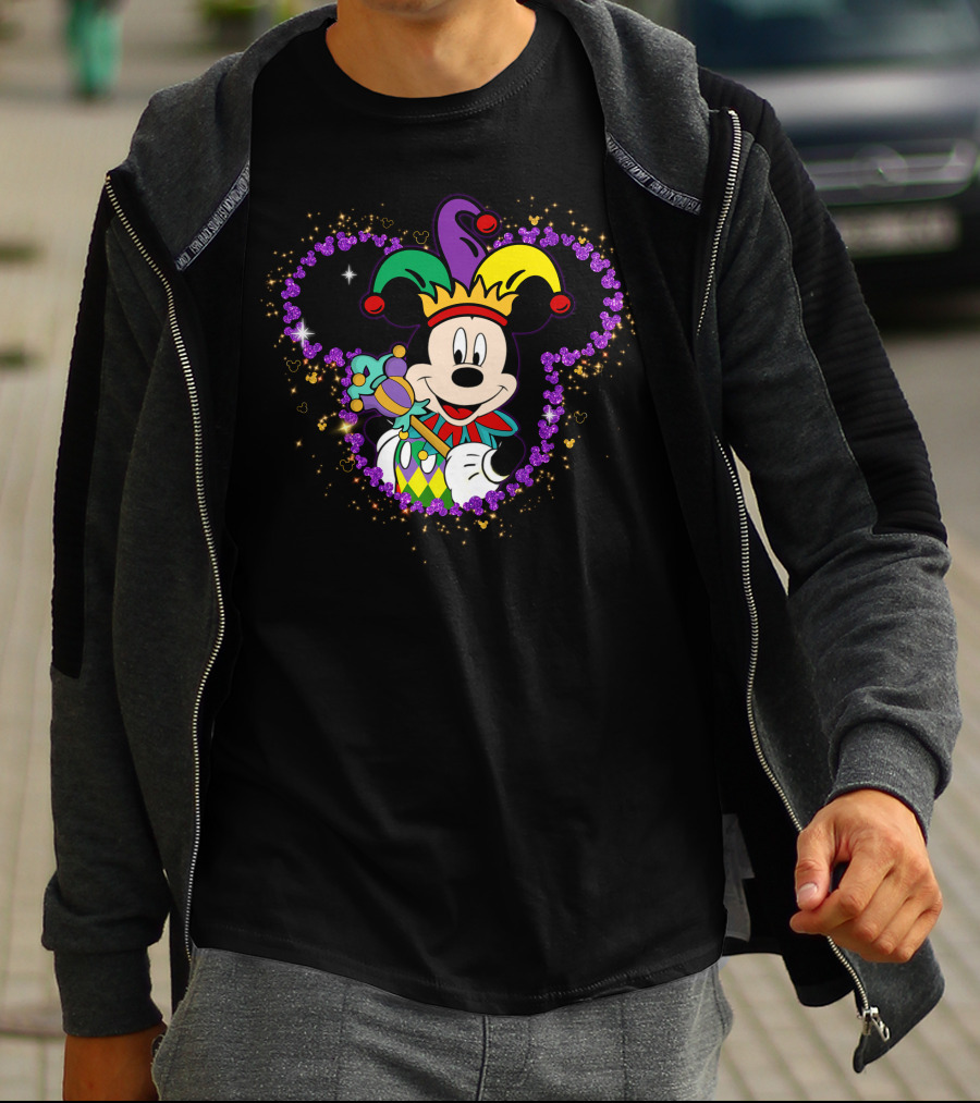 Mickey Mouse Jester Mardi Gras Magic With Crown And Scepter T-Shirt