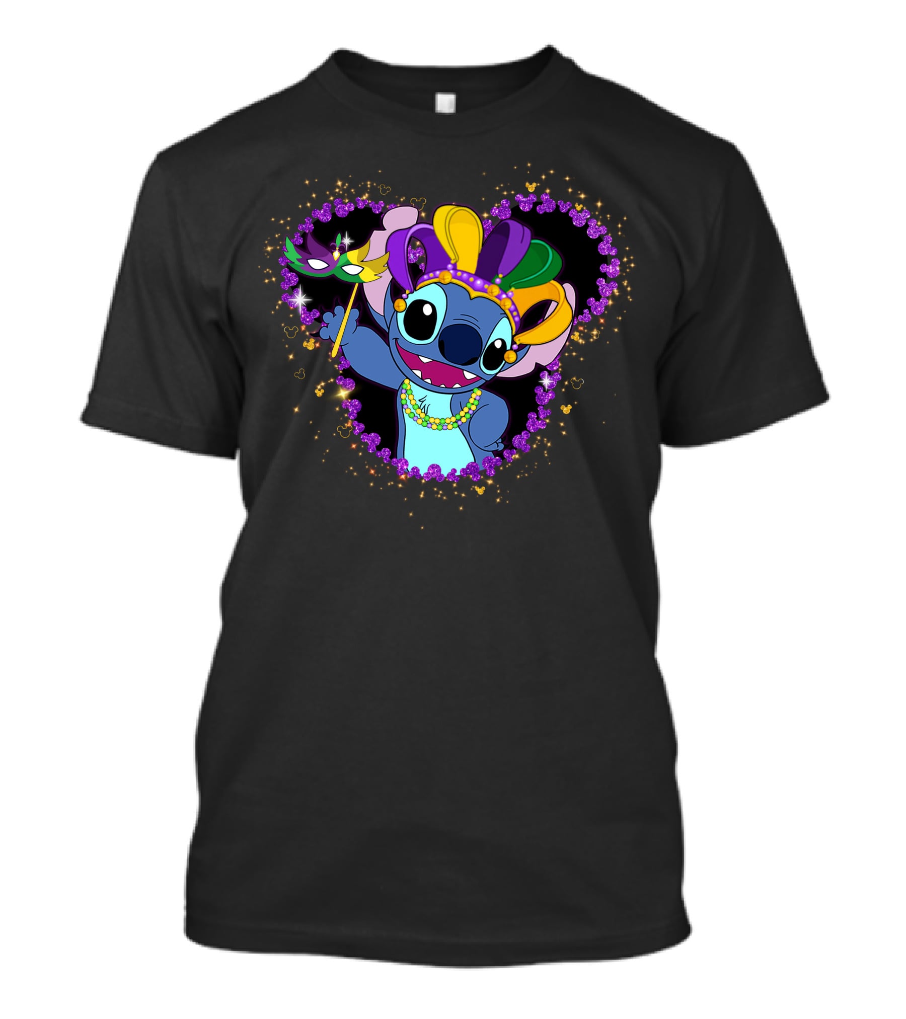 Stitch Mardi Gras Celebration With Mask And Beads In Purple Heart Frame T-Shirt