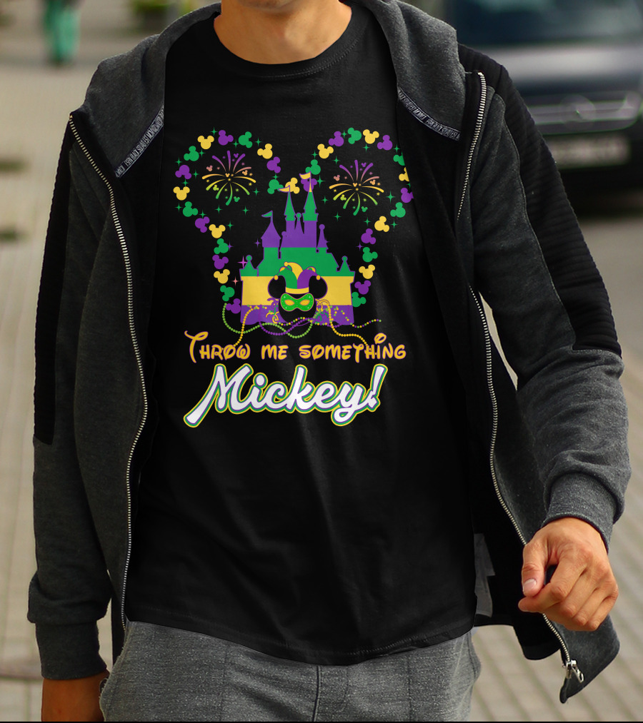 Throw Me Something Mickey Mardi Gras Castle Fireworks Beads T-Shirt