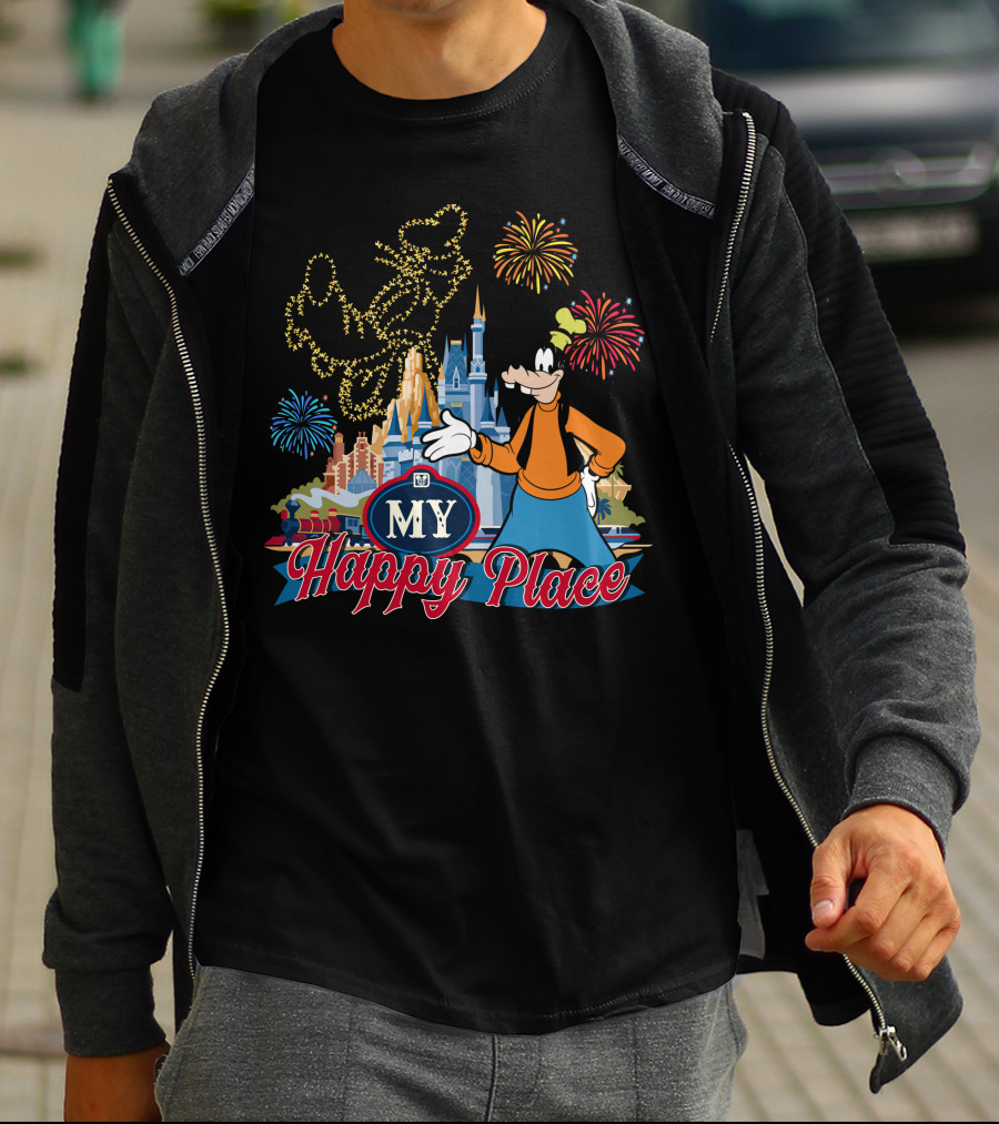 Goofy My Happy Place Fireworks Castle T-Shirt
