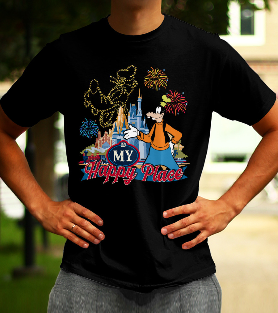 Goofy My Happy Place Fireworks Castle T-Shirt