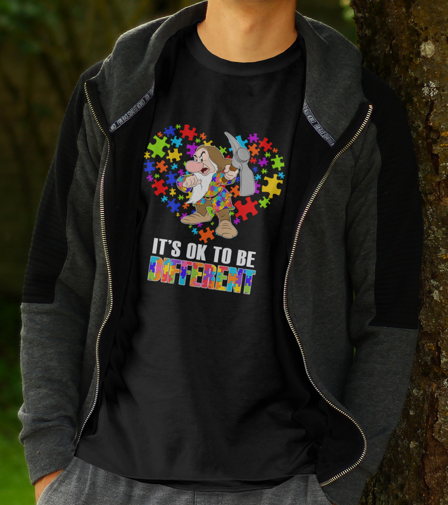 It's Ok To Be Different Grumpy Dwarf With Puzzle Piece Heart T-Shirt