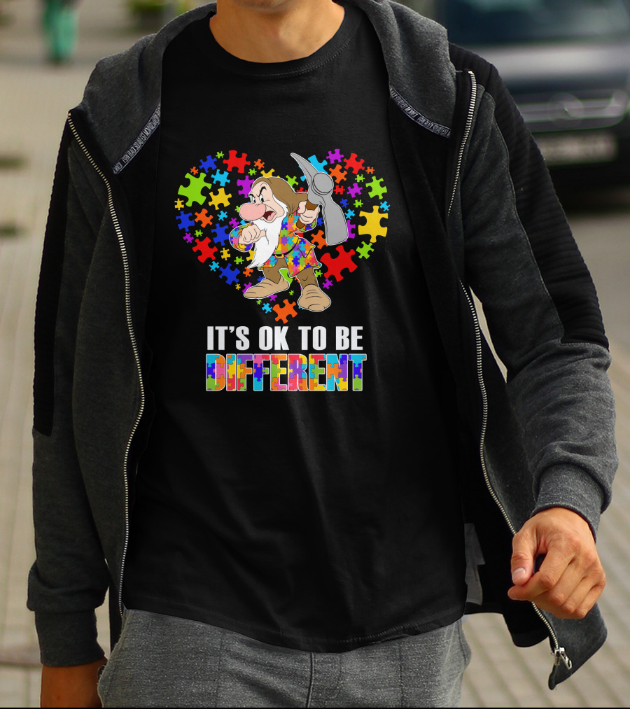 It's Ok To Be Different Grumpy Dwarf With Puzzle Piece Heart T-Shirt