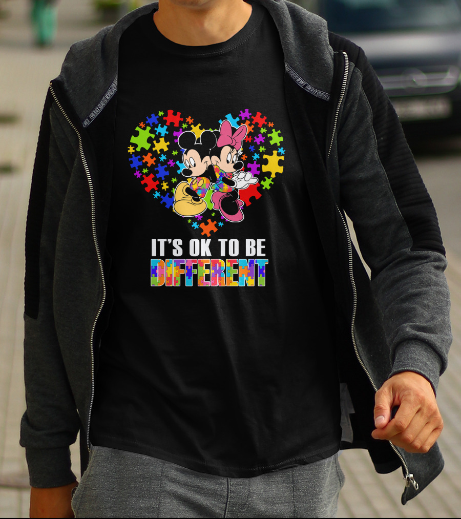 Mickey Minnie It's Ok To Be Different Puzzle Pieces Heart T-Shirt