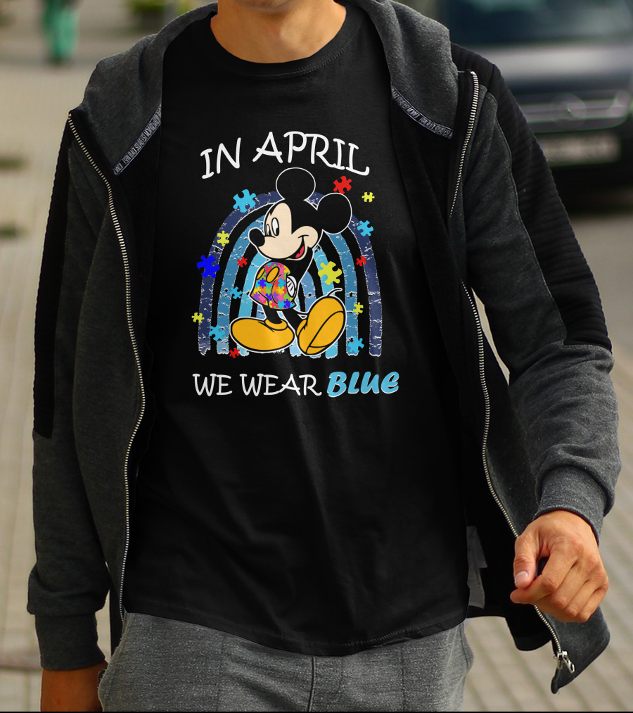 In April We Wear Blue Mickey Puzzle Autism Awareness T-Shirt