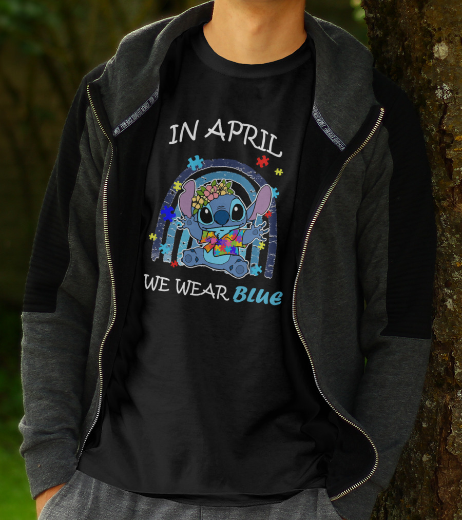 In April We Wear Blue Stitch Puzzle Rainbow T-Shirt