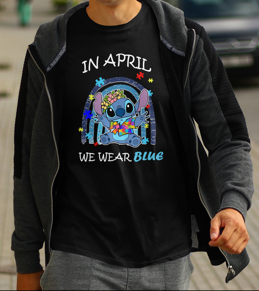 In April We Wear Blue Stitch Puzzle Rainbow T-Shirt