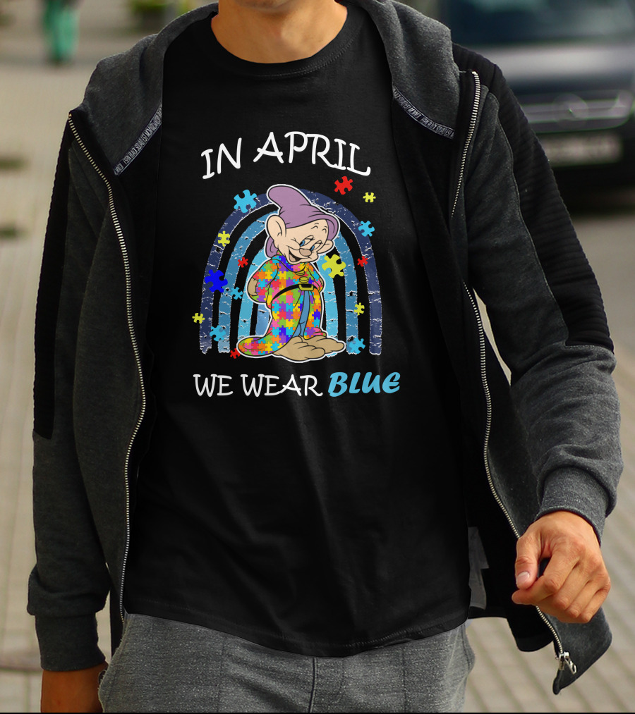 In April We Wear Blue Dopey Autism Awareness Puzzle Piece Rainbow T-Shirt