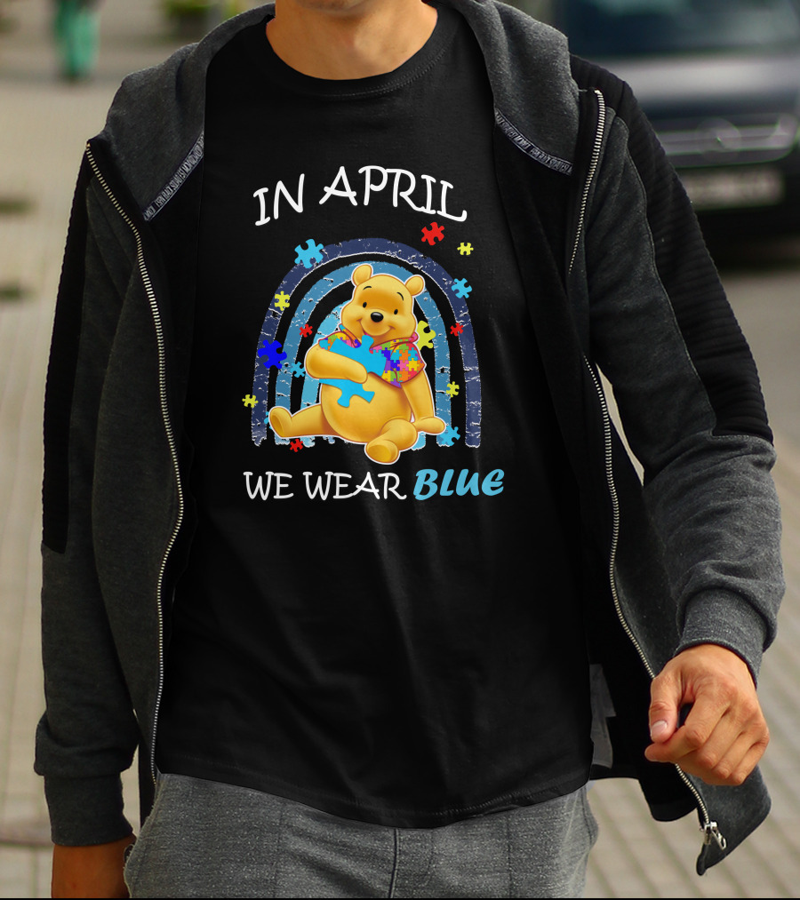 In April We Wear Blue Pooh Puzzle Autism Awareness T-Shirt
