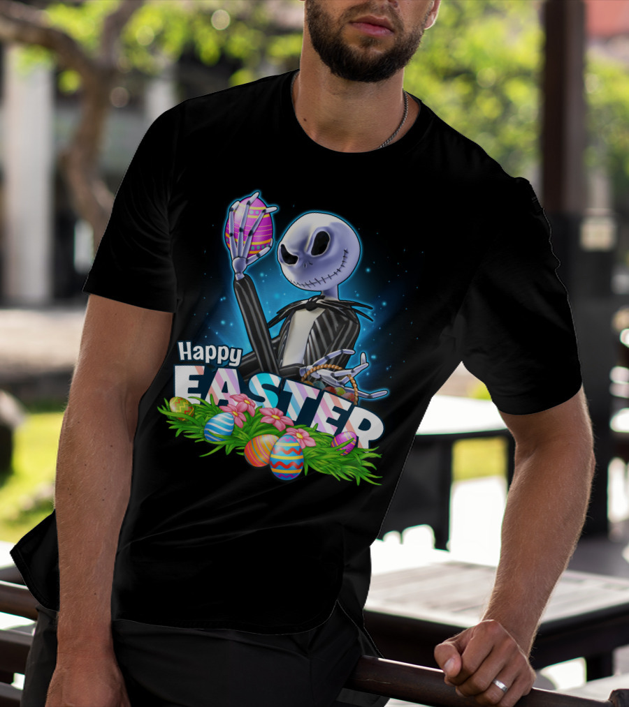JACK SKELLINGTON Happy Easter With Colorful Eggs And Flowers T-Shirt