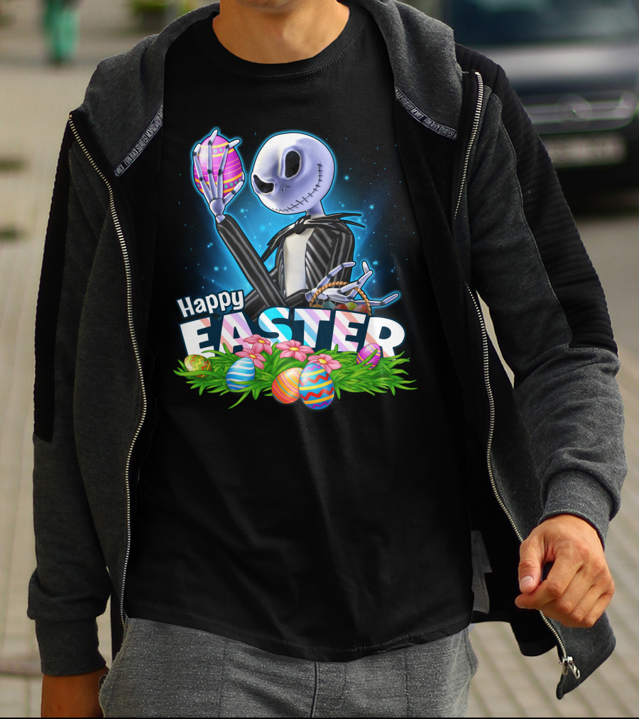 JACK SKELLINGTON Happy Easter With Colorful Eggs And Flowers T-Shirt