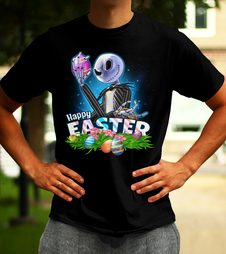 JACK SKELLINGTON Happy Easter With Colorful Eggs And Flowers T-Shirt