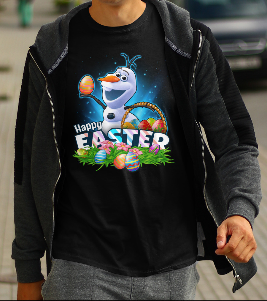 Happy Easter Olaf With Colorful Eggs And Basket T-Shirt