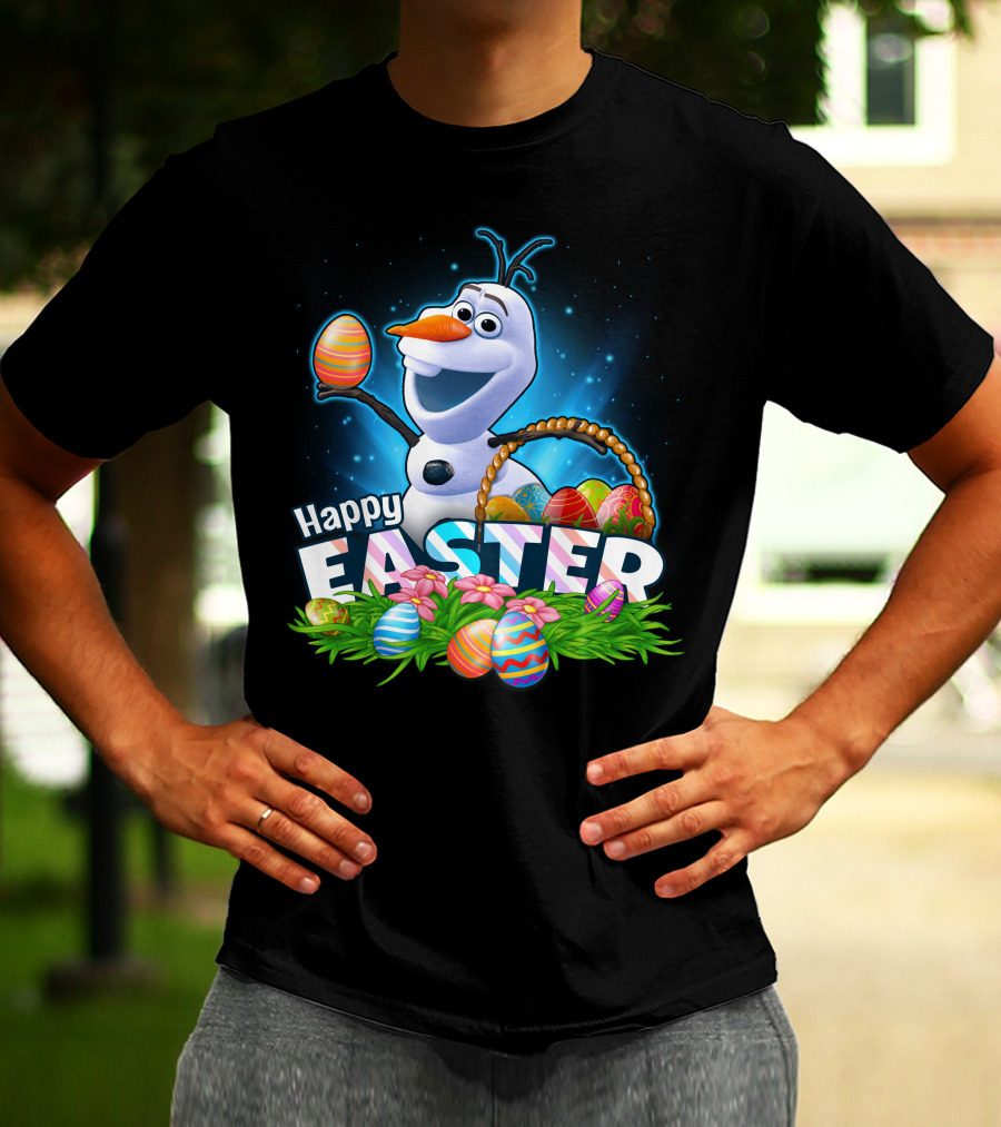 Happy Easter Olaf With Colorful Eggs And Basket T-Shirt