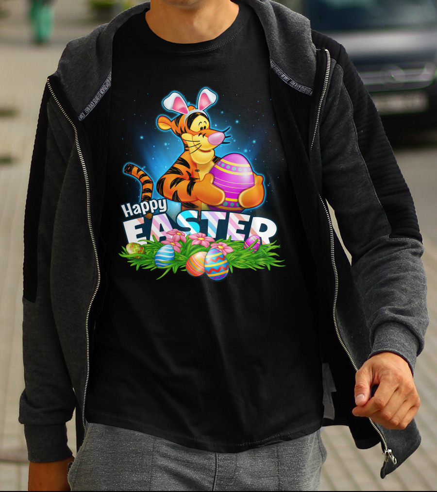 Happy Easter Tigger With Colorful Eggs And Bunny Ears T-Shirt
