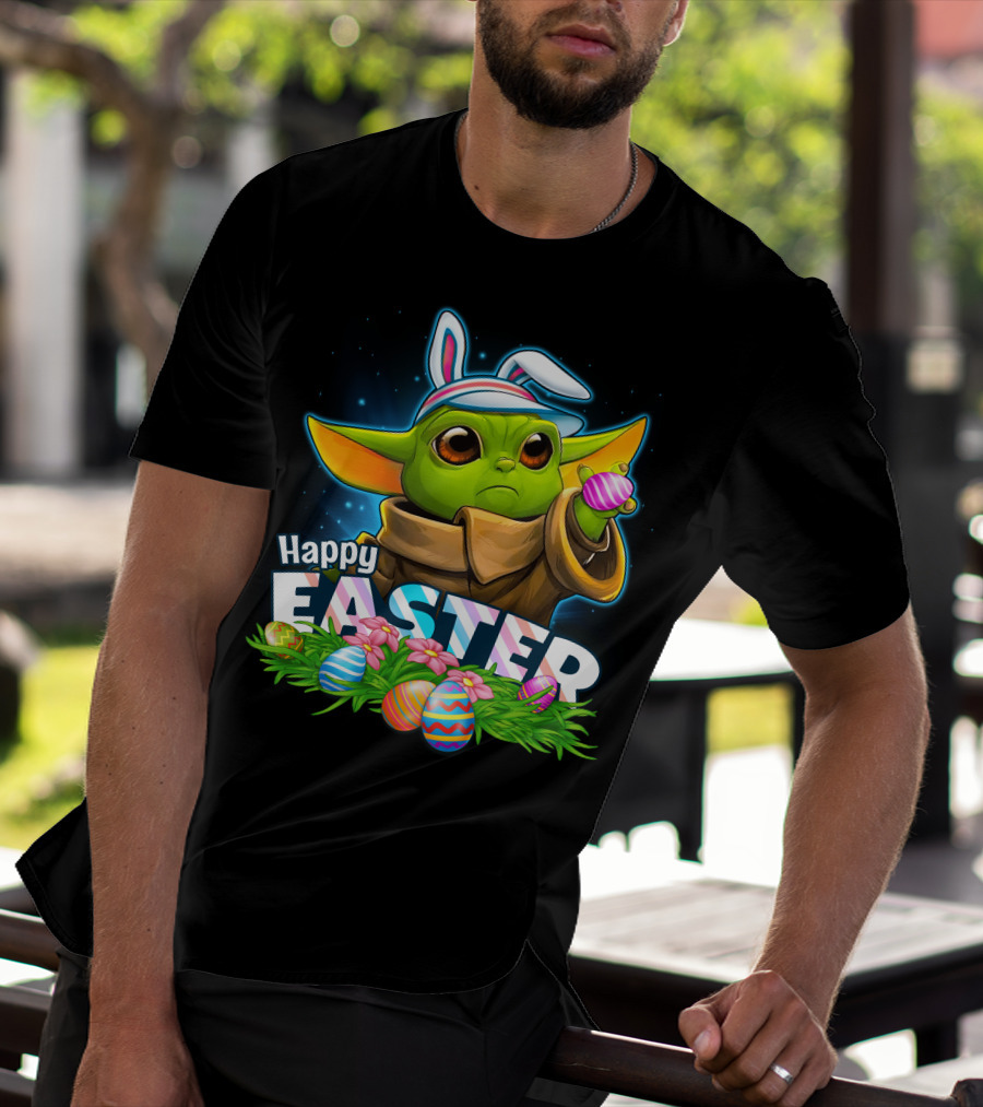 Happy Easter Yoda Baby With Bunny Ears And Colorful Eggs T-Shirt