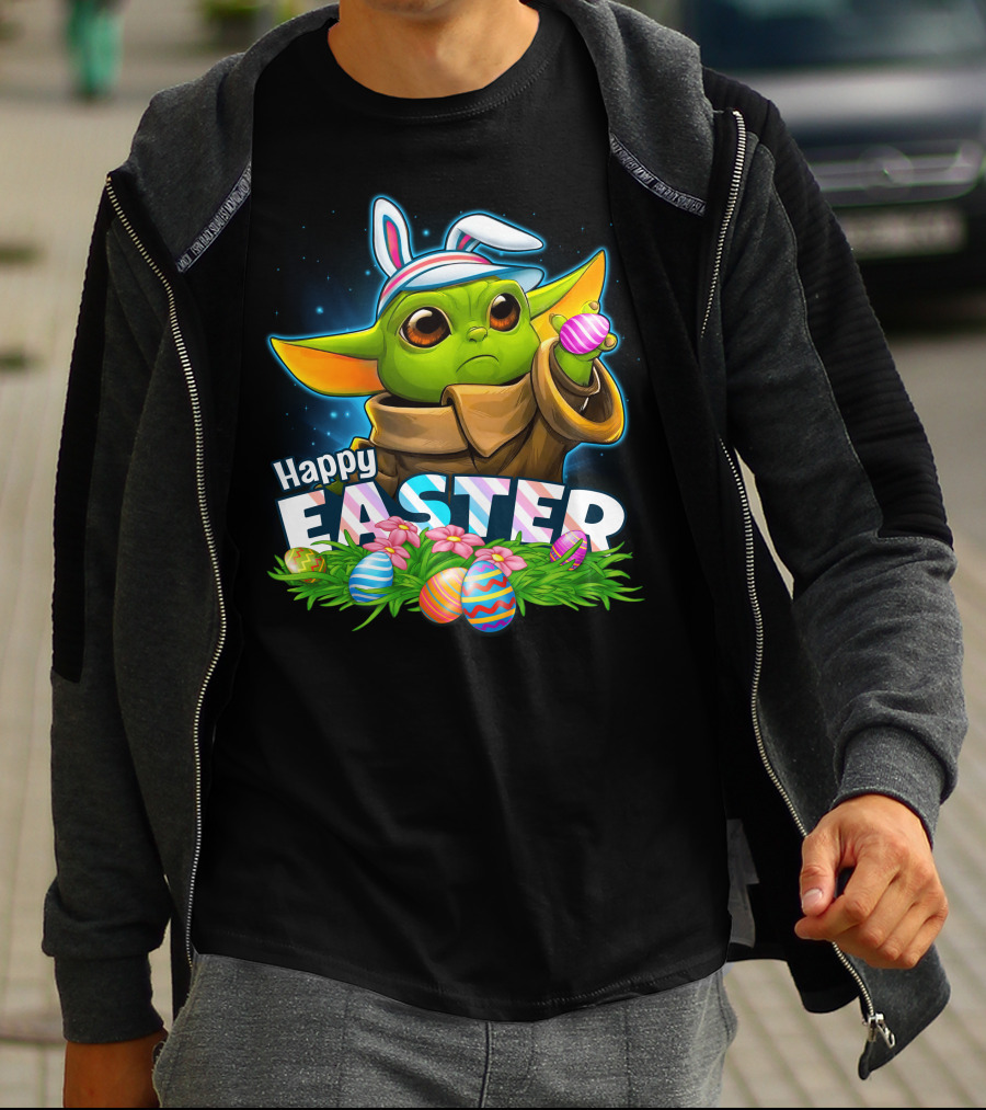 Happy Easter Yoda Baby With Bunny Ears And Colorful Eggs T-Shirt