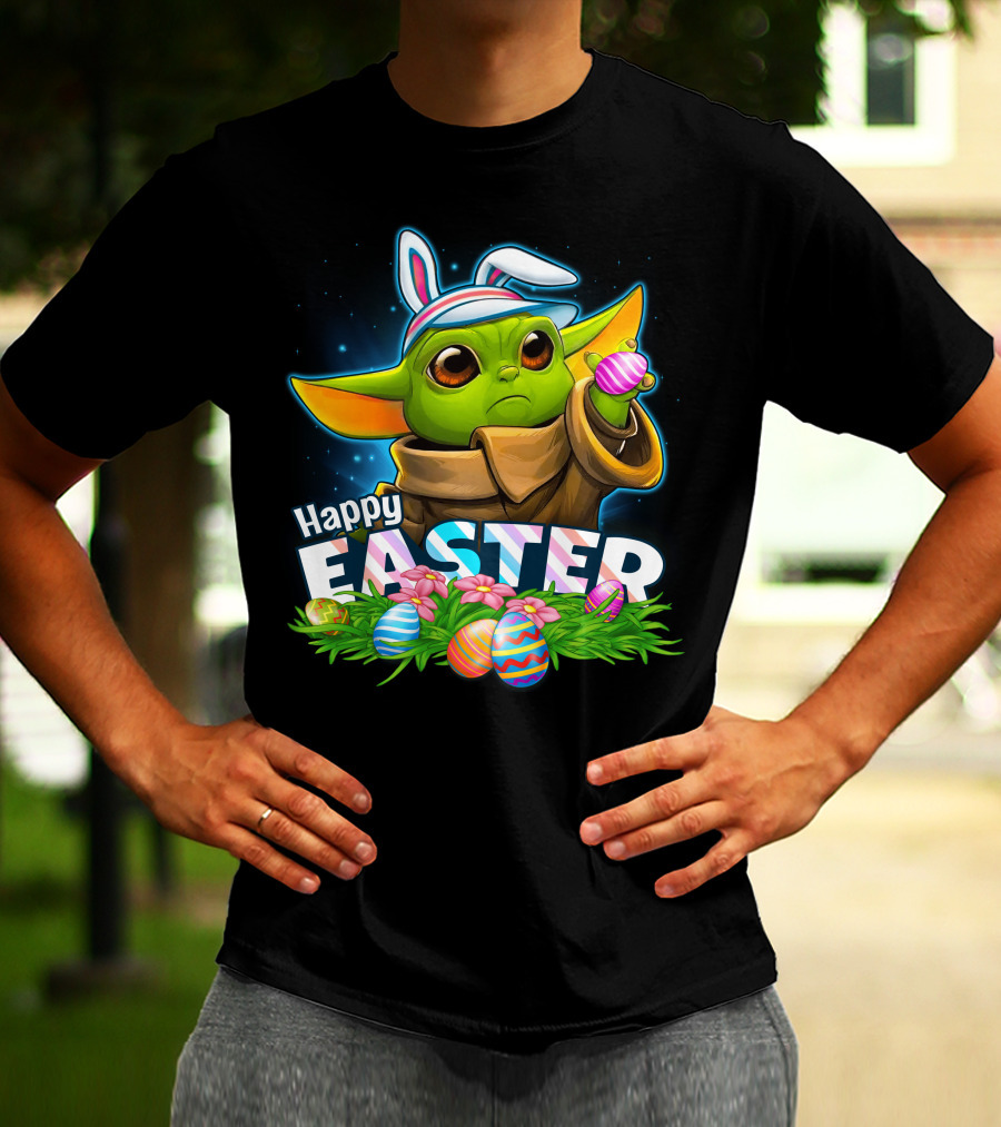 Happy Easter Yoda Baby With Bunny Ears And Colorful Eggs T-Shirt