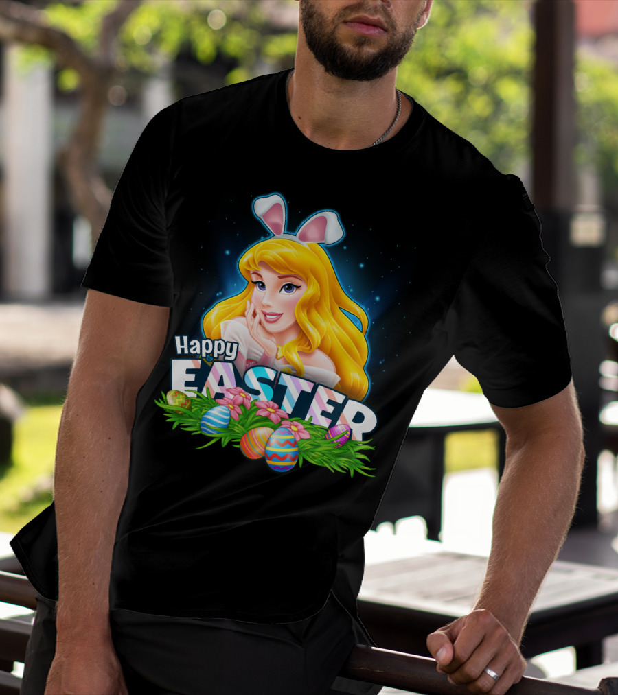 Happy Easter Aurora Bunny Ears With Colorful Eggs And Flowers T-Shirt