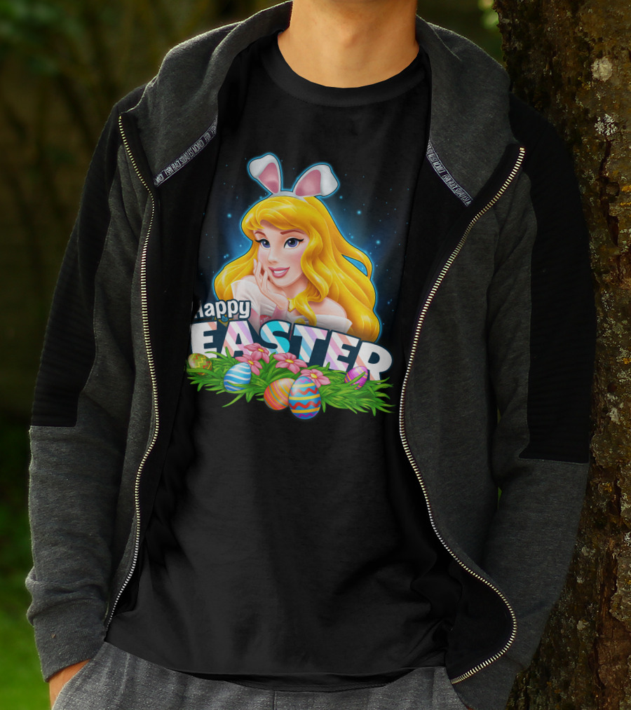Happy Easter Aurora Bunny Ears With Colorful Eggs And Flowers T-Shirt