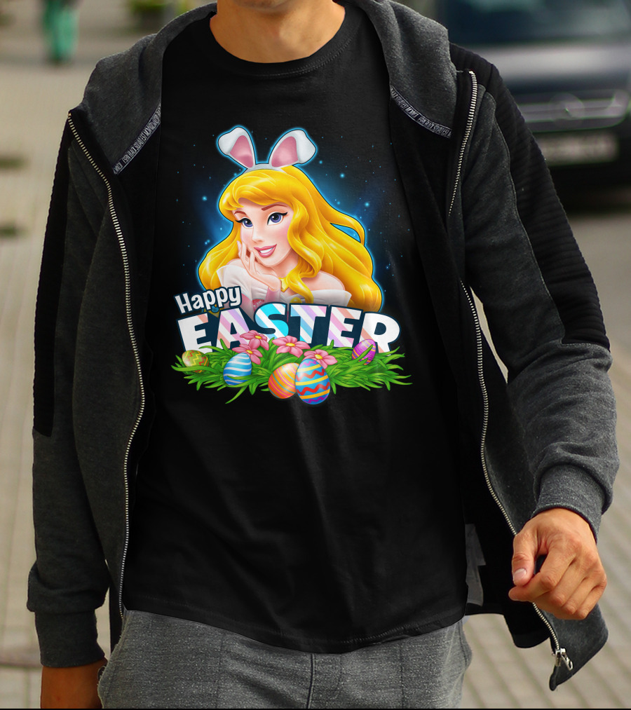 Happy Easter Aurora Bunny Ears With Colorful Eggs And Flowers T-Shirt