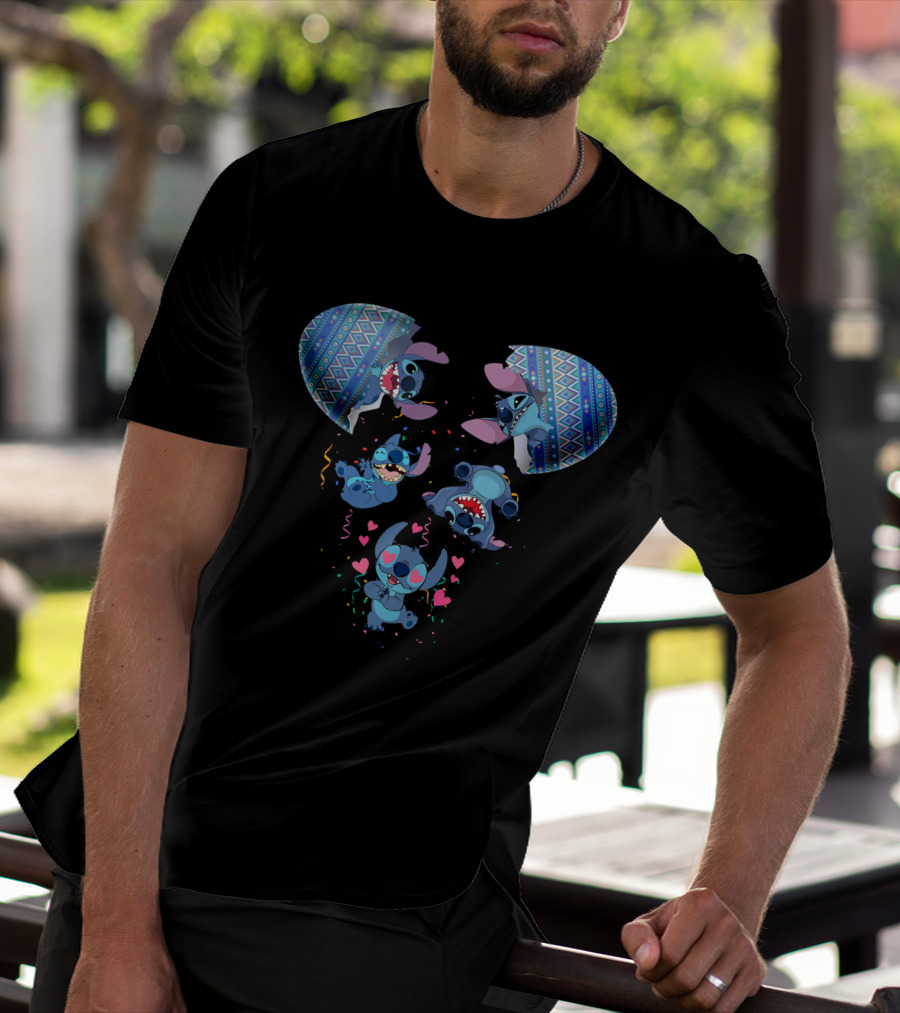 Stitch Erupting From Ornate Eggshell With Playful Expressions And Heart Confetti T-Shirt