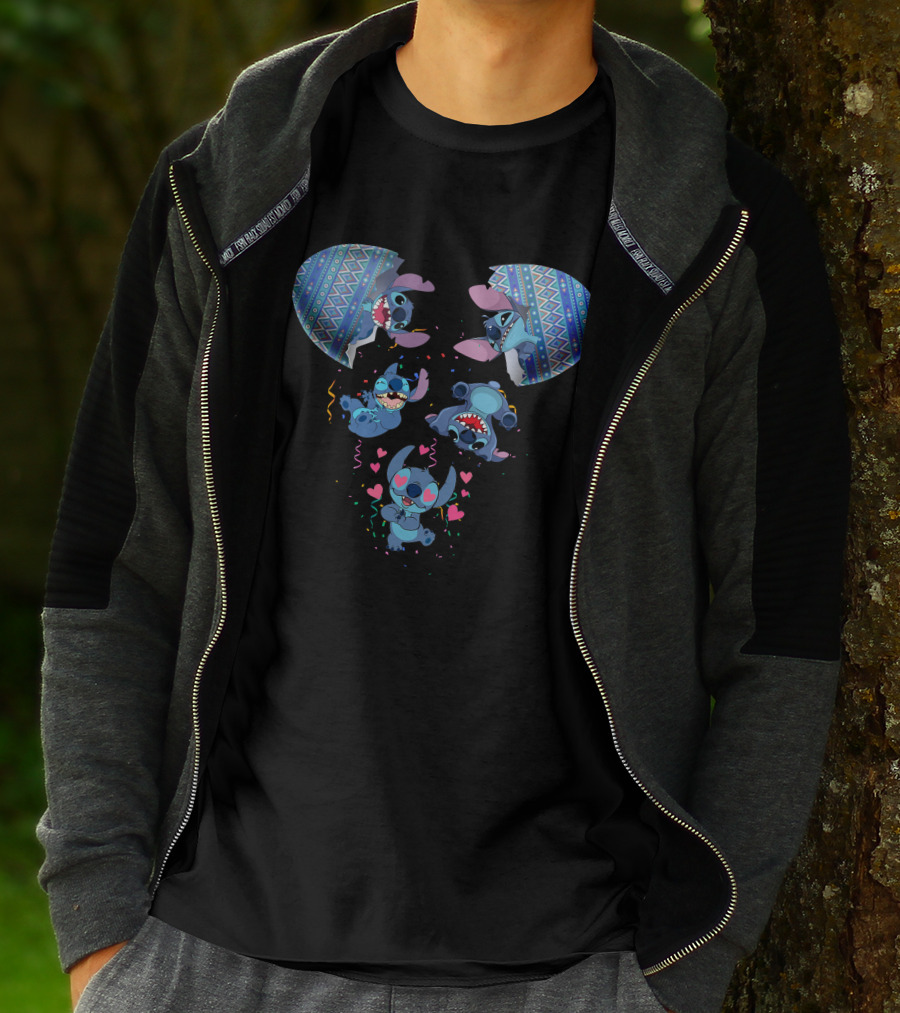 Stitch Erupting From Ornate Eggshell With Playful Expressions And Heart Confetti T-Shirt