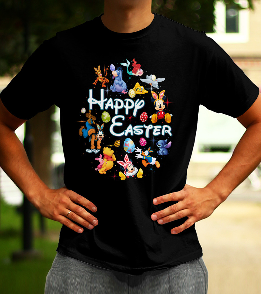 Happy Easter Disney Characters Mickey Minnie Pooh Stitch Dumbo Ariel Tigger Goofy Eeyore Eggs T-Shirt