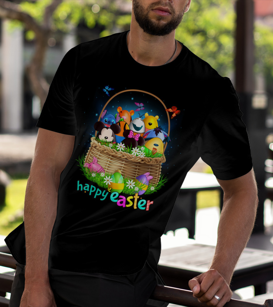 Happy Easter Basket With Colorful Eggs And Characters T-Shirt