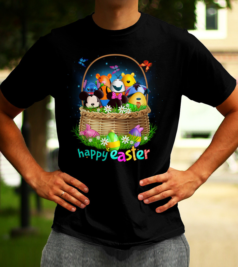 Happy Easter Basket With Colorful Eggs And Characters T-Shirt