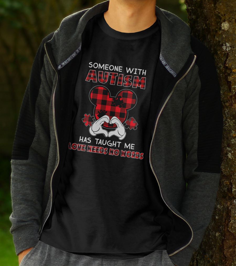 Someone With Autism Has Taught Me Love Needs No Words Mickey Ears Puzzle Plaid T-Shirt