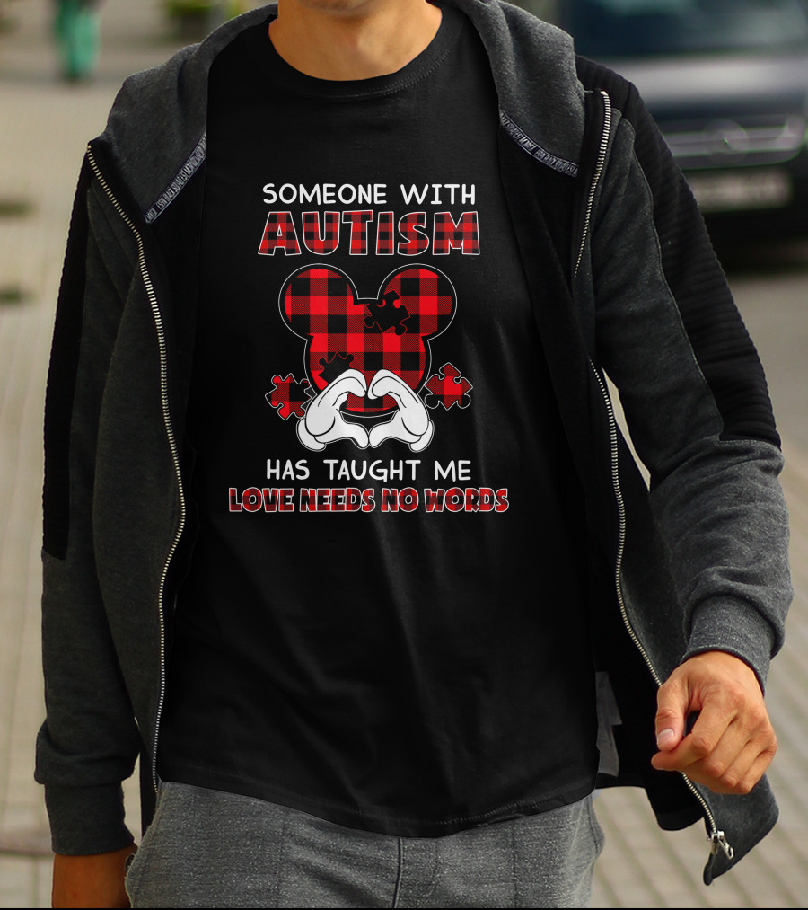 Someone With Autism Has Taught Me Love Needs No Words Mickey Ears Puzzle Plaid T-Shirt