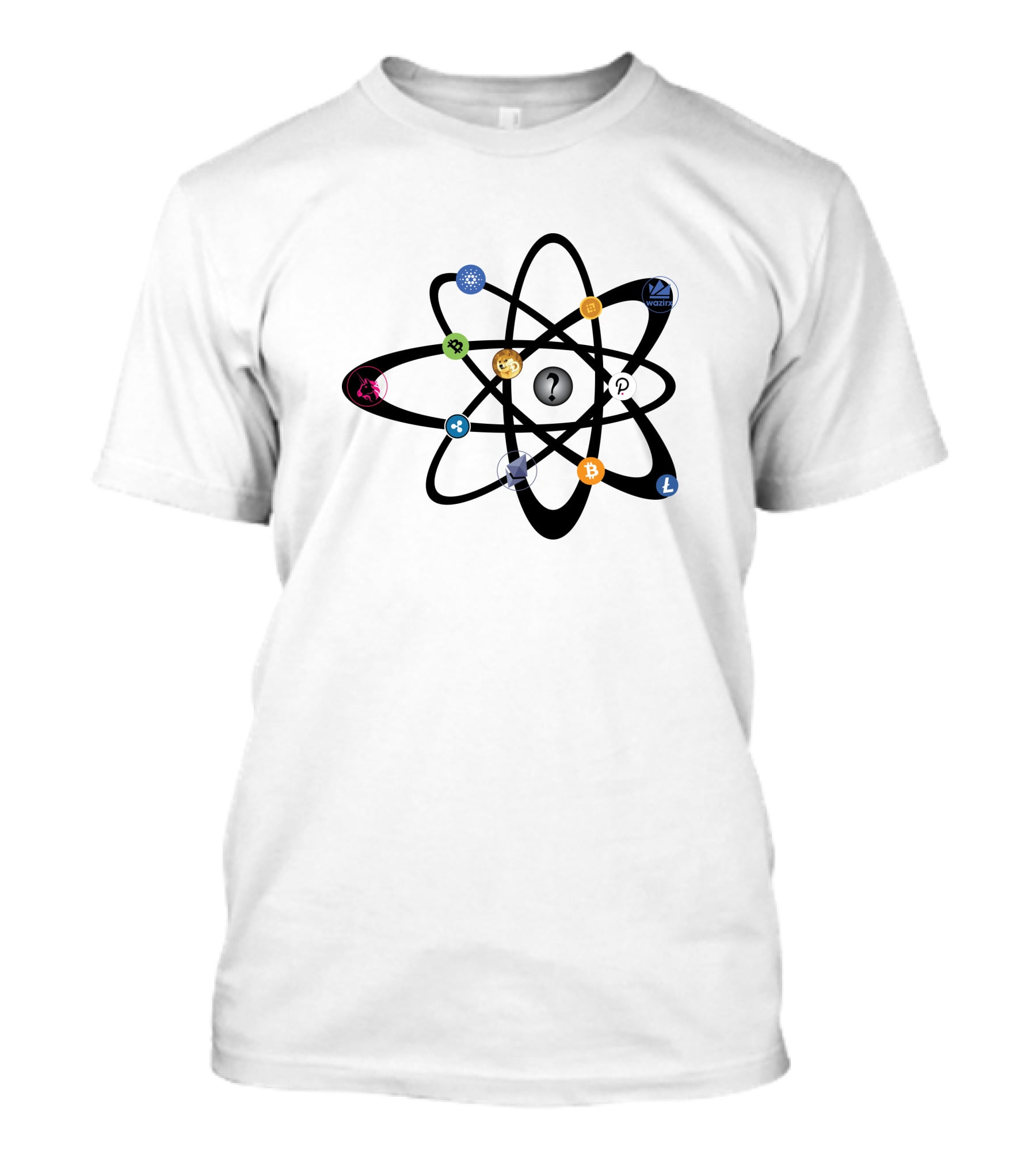Uniswap Cardano Binance Coin WazirX Polkadot XRP Dogecoin Ethereum Bitcoin Litecoin Cryptocurrency Icons Atom Structure T-Shirt