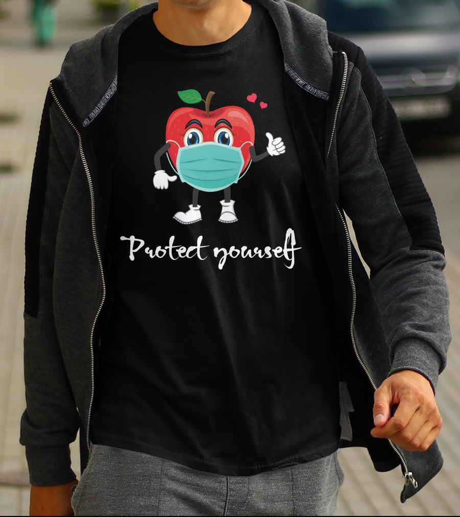 Protect Yourself Masked Apple Cartoon With Hearts T-Shirt