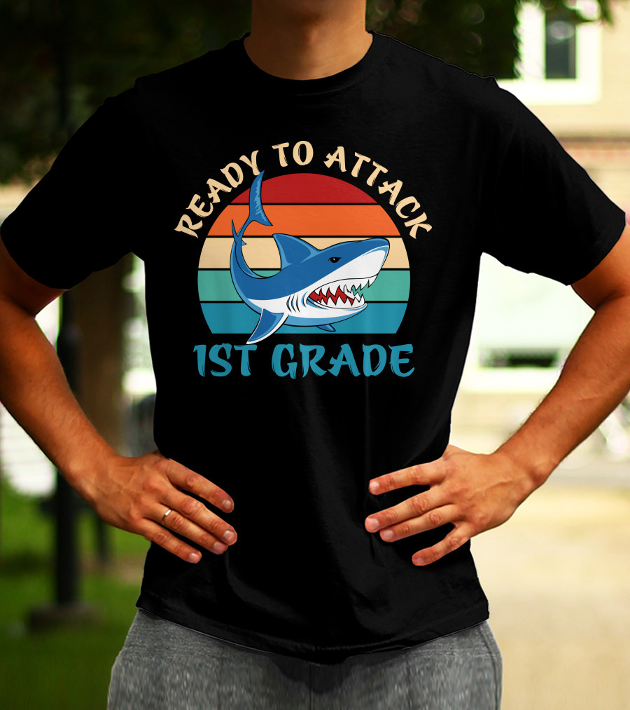 Ready To Attack 1st Grade Shark Retro Stripes T-Shirt