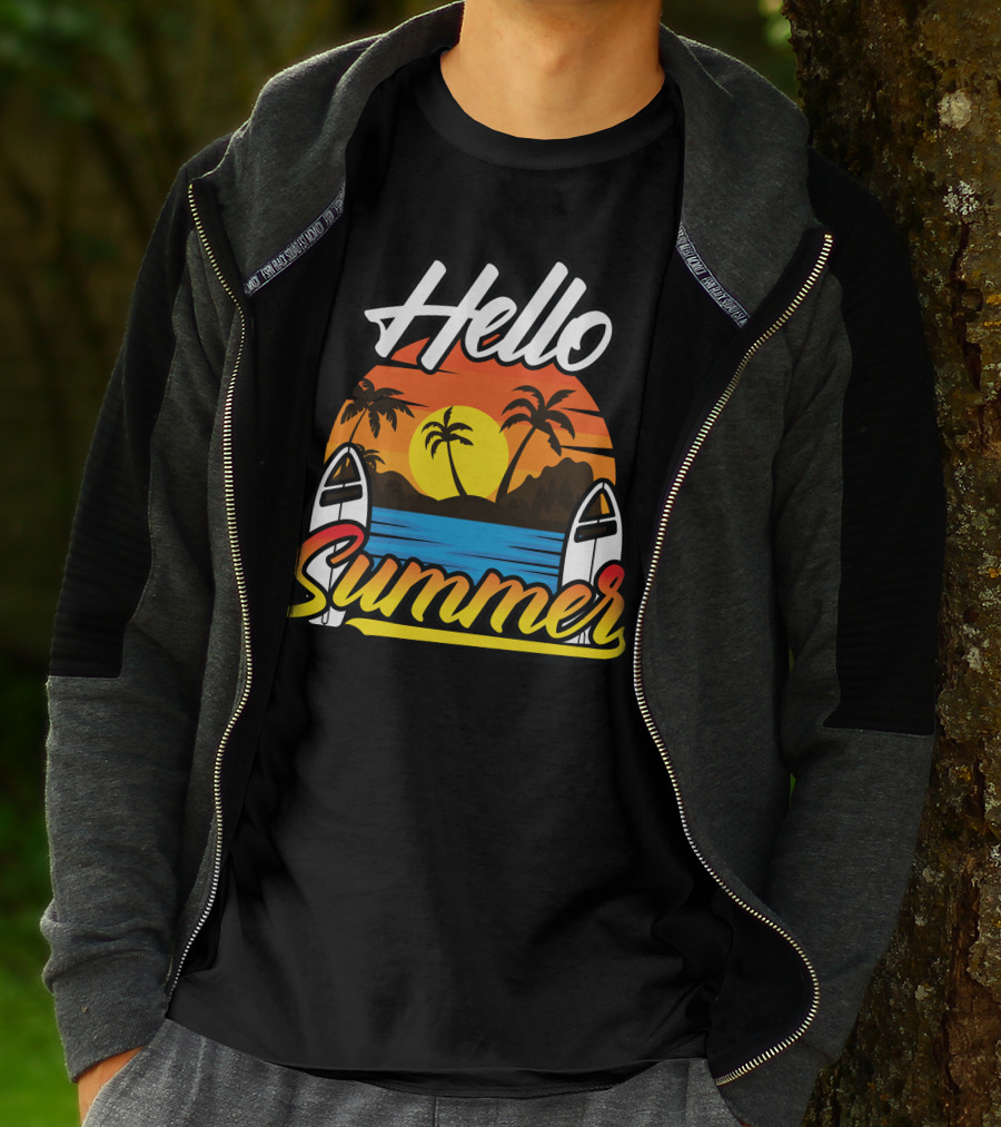 Hello Summer Sunset Surfing Beach Scene T-Shirt