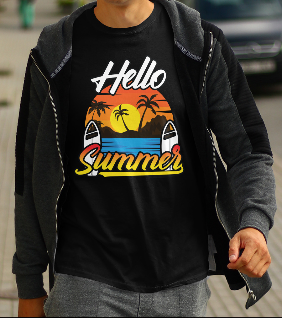 Hello Summer Sunset Surfing Beach Scene T-Shirt