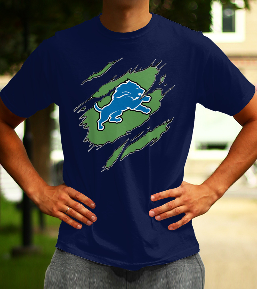 Detroit Lions Blue Roaring Lion With Claw Marks T-Shirt